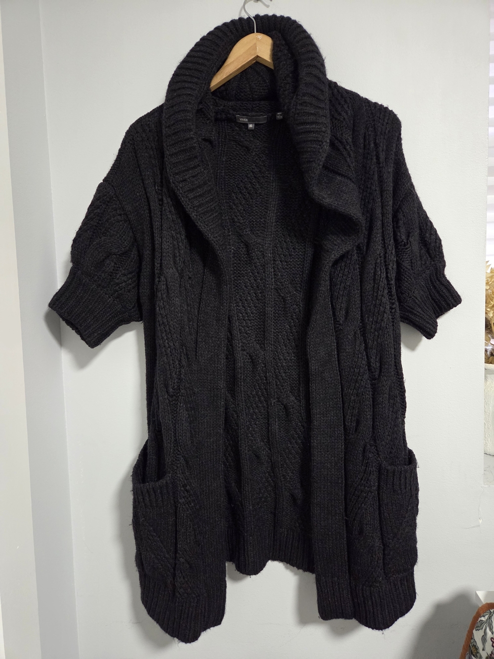 Vince Cable-Knit Charcoal Cowl Neck Hooded Sweater Cardigan